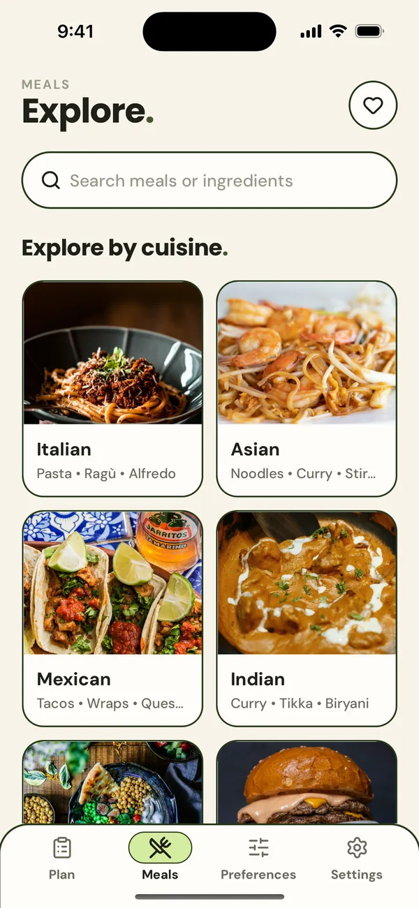 Exploring meals by cuisine: Italian, Asian, Mexican and Indian.