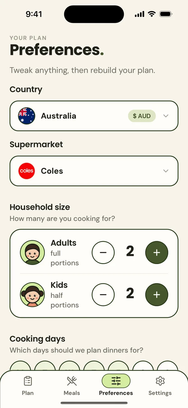 Preferences: country, supermarket and household size, ready to tweak.