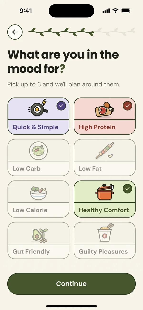 Choosing vibes: Quick & Simple, High Protein and Healthy Comfort are ticked.